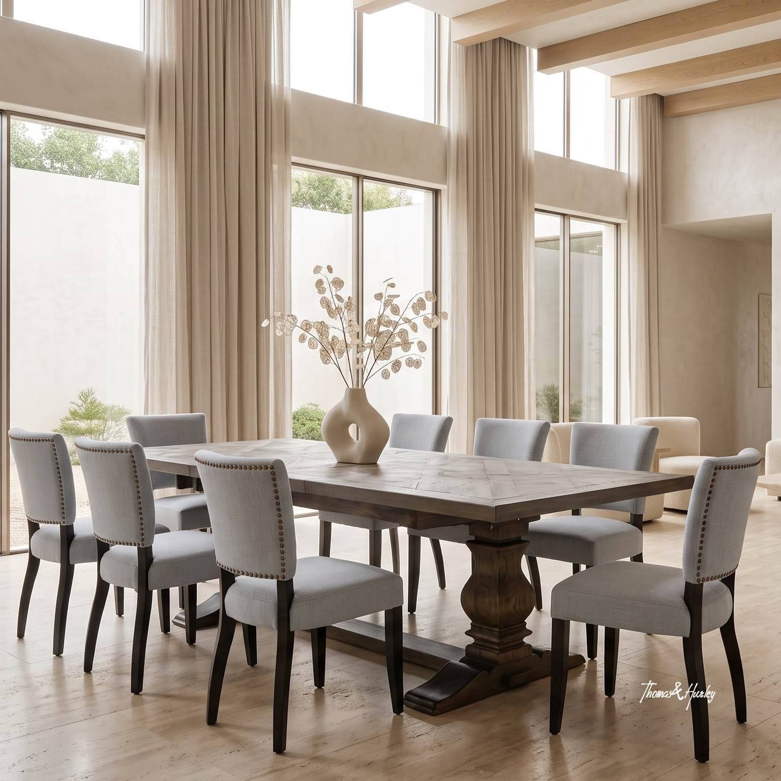The Darcy Oak Parquetry Extendable Dining Table in a Modern Living Room The Darcy Oak Parquetry Extendable Dining Table in a Modern Living Room