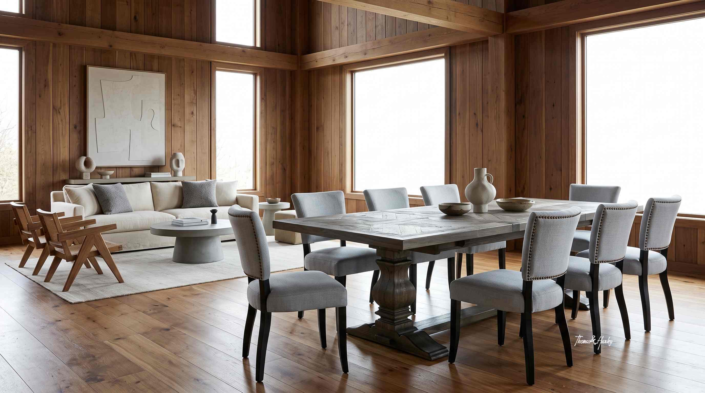 Darcy Oak Parquetry Double Extension Dining Table with Dalton Upholstered Dining Chair
