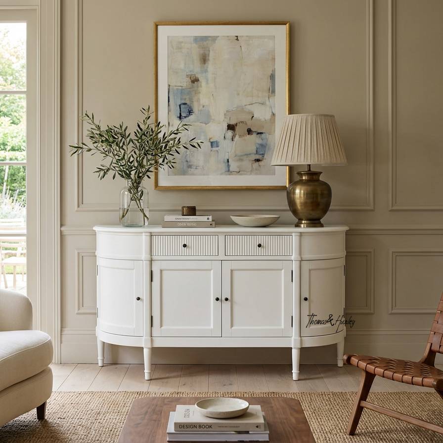 Louis curved sideboard 160cm in white by Thomas and Hurley