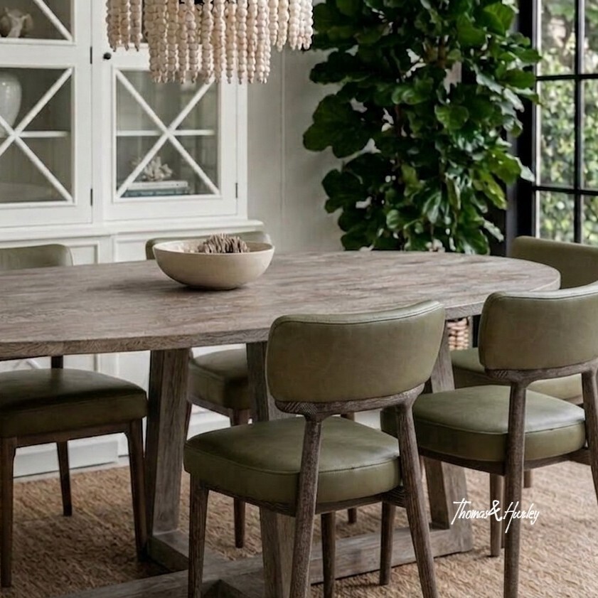 Ovalis oak dining table in brushed oak finish styled in a contemporary dining room