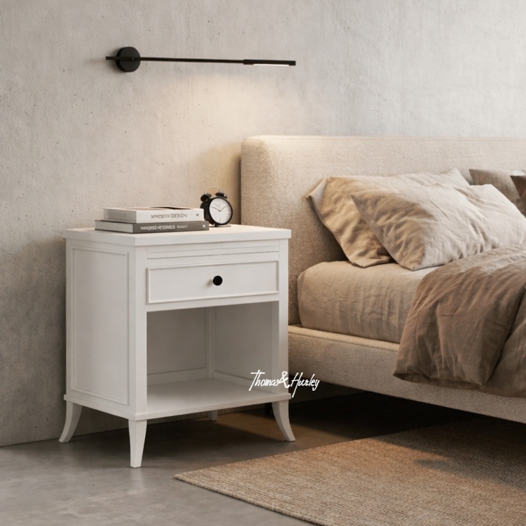 Piastri 1 Drawer Bedside Table White | Classic Hamptons Bedroom Styling Piastri 1 drawer bedside table in white with hand carved detailing, pull out shelf and open lower storage shelf