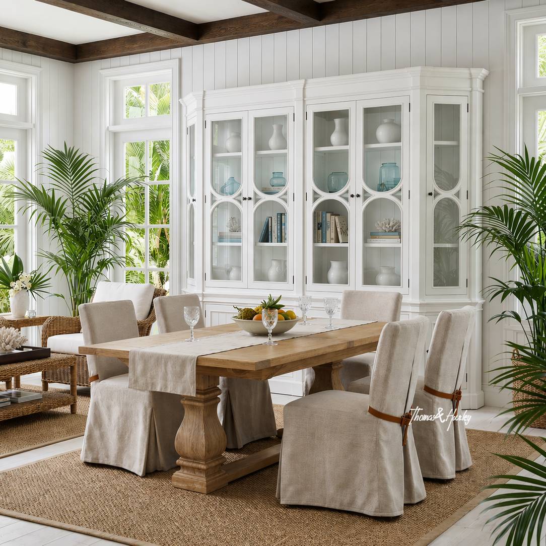Sandringham Double Extension Dining Table with Slipcover Chairs | Hamptons Dining Styling Sandringham double extension dining table with linen slipcover dining chairs in a bright Hamptons-style dining room with white display cabinet