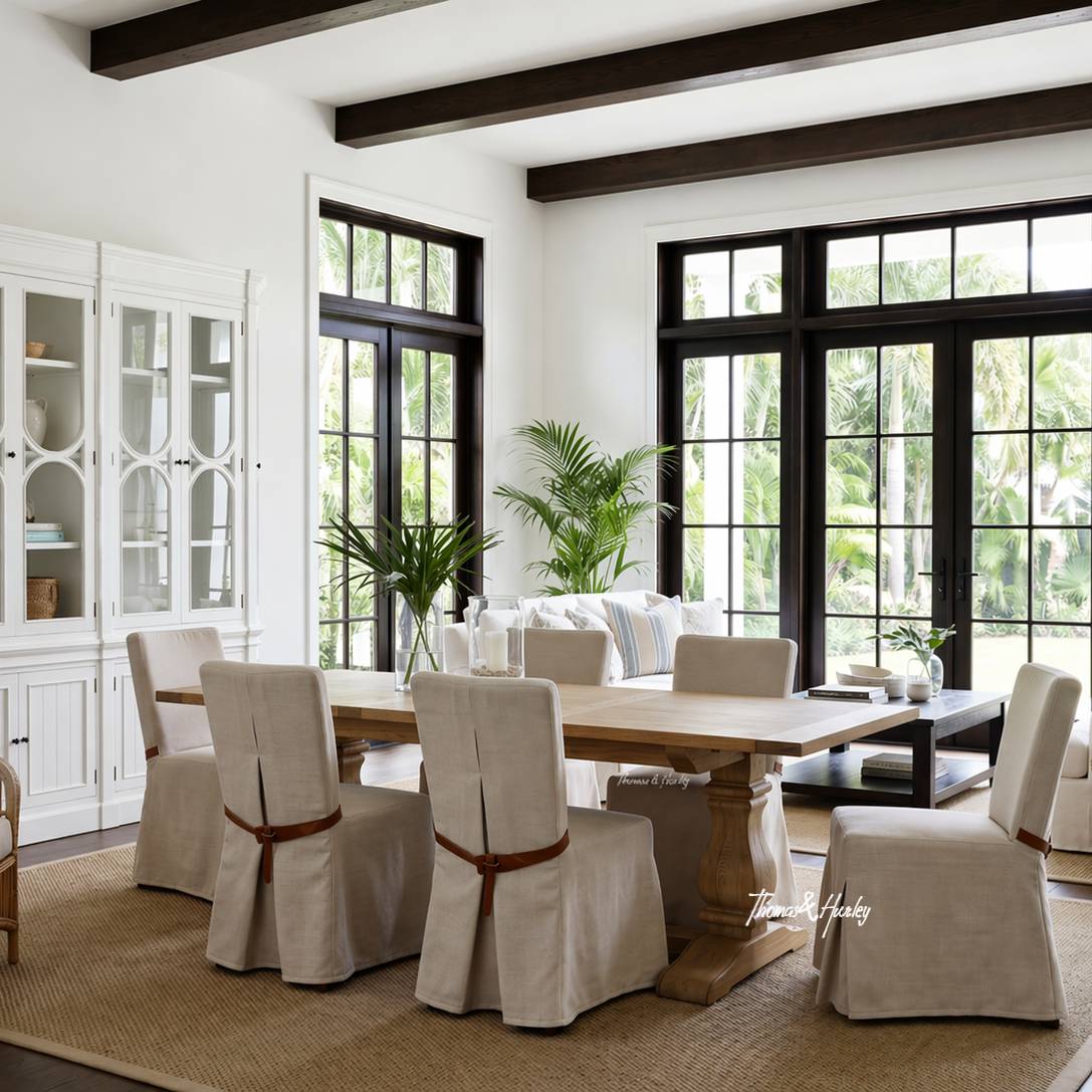 Carlyle dining chair with tailored slipcover, textured weave upholstery and signature leather tie detail in a Hamptons-style dining setting
