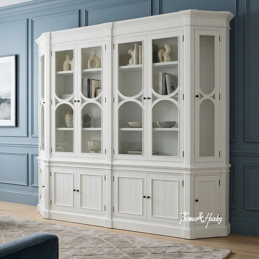 Stonefield double display cabinet wall unit with angled sides in a styled dining room